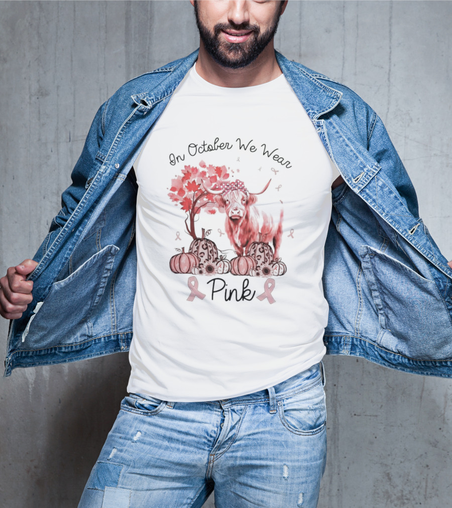 In October We Wear Pink Cow With Pumpkins And Awareness Ribbons T-Shirt