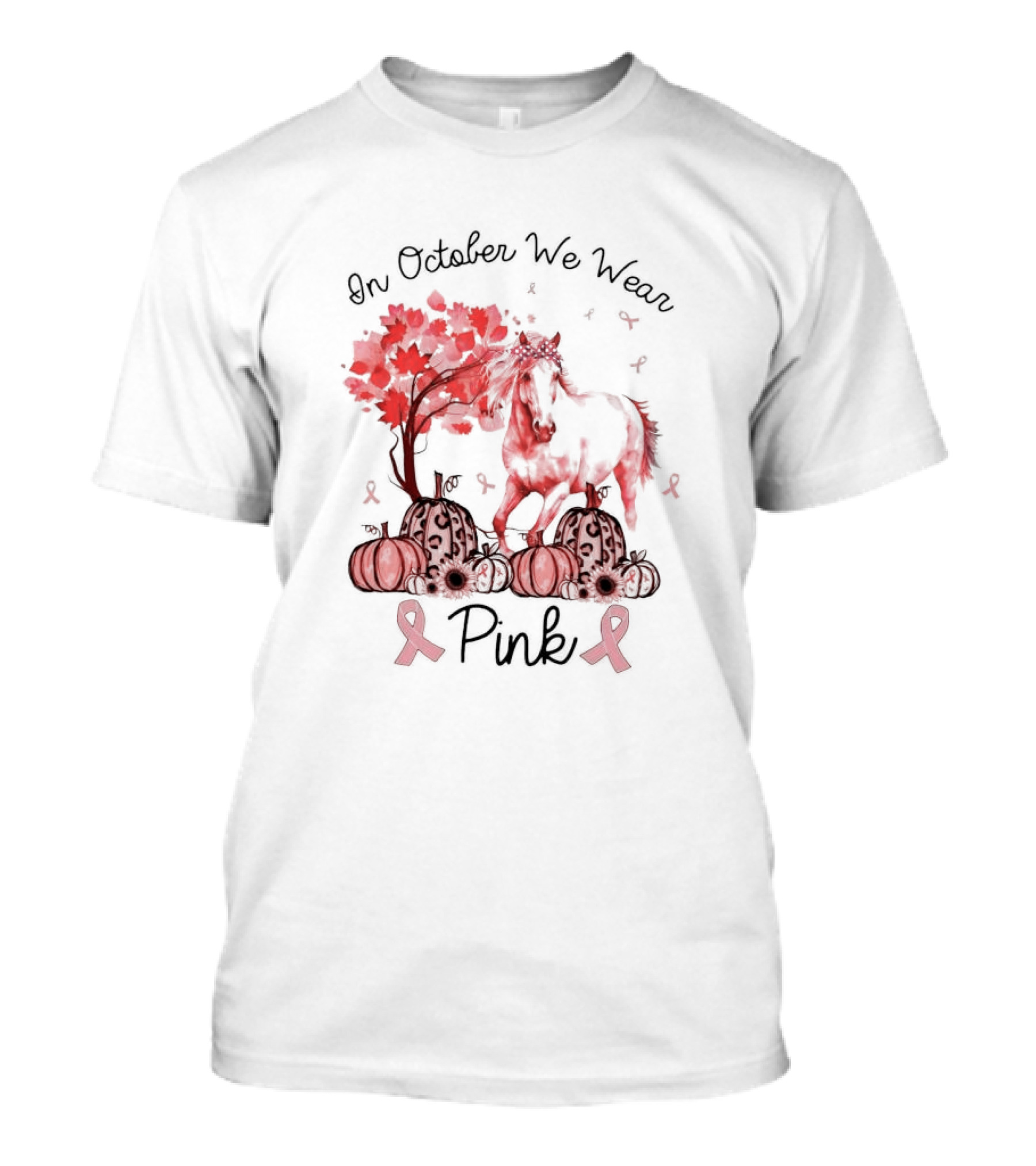 In October We Wear Pink Horse Ribbon Pumpkins Halloween T-Shirt