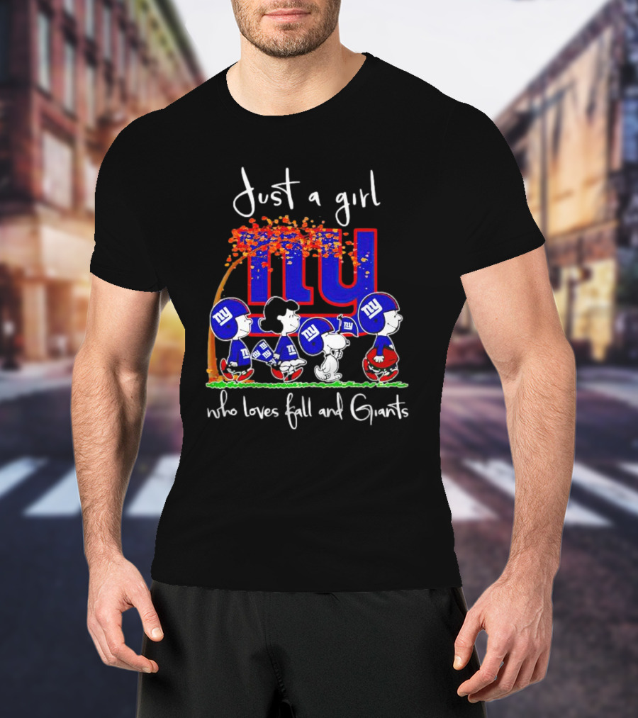 Just A Girl Who Loves Fall And New York Giants Peanuts Characters T-Shirt