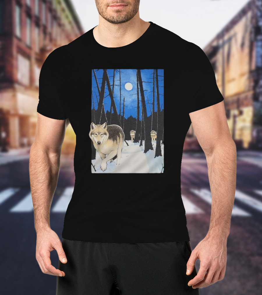 Snow 1995 Wild Earth Wolf Vintage Full Moon Forest Scene T-Shirt