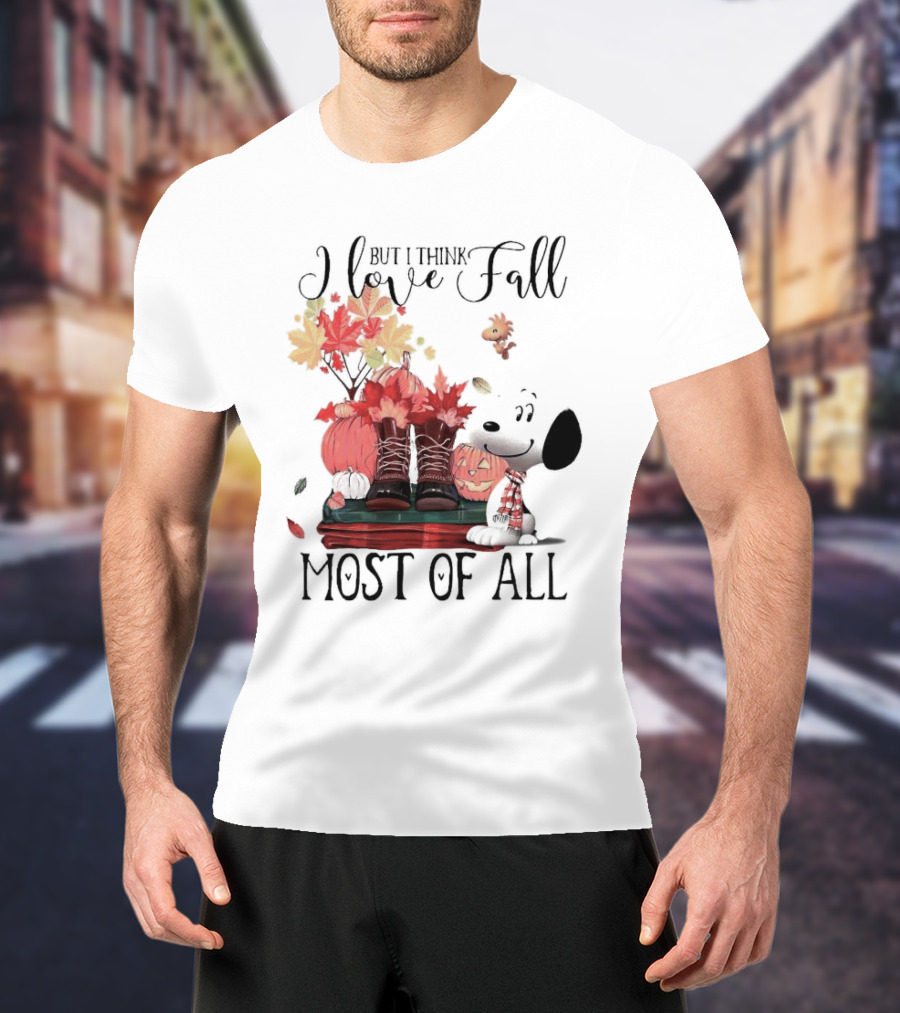 I Love Fall Most Of All Snoopy Dog With Boots Pumpkins And Leaves T-Shirt