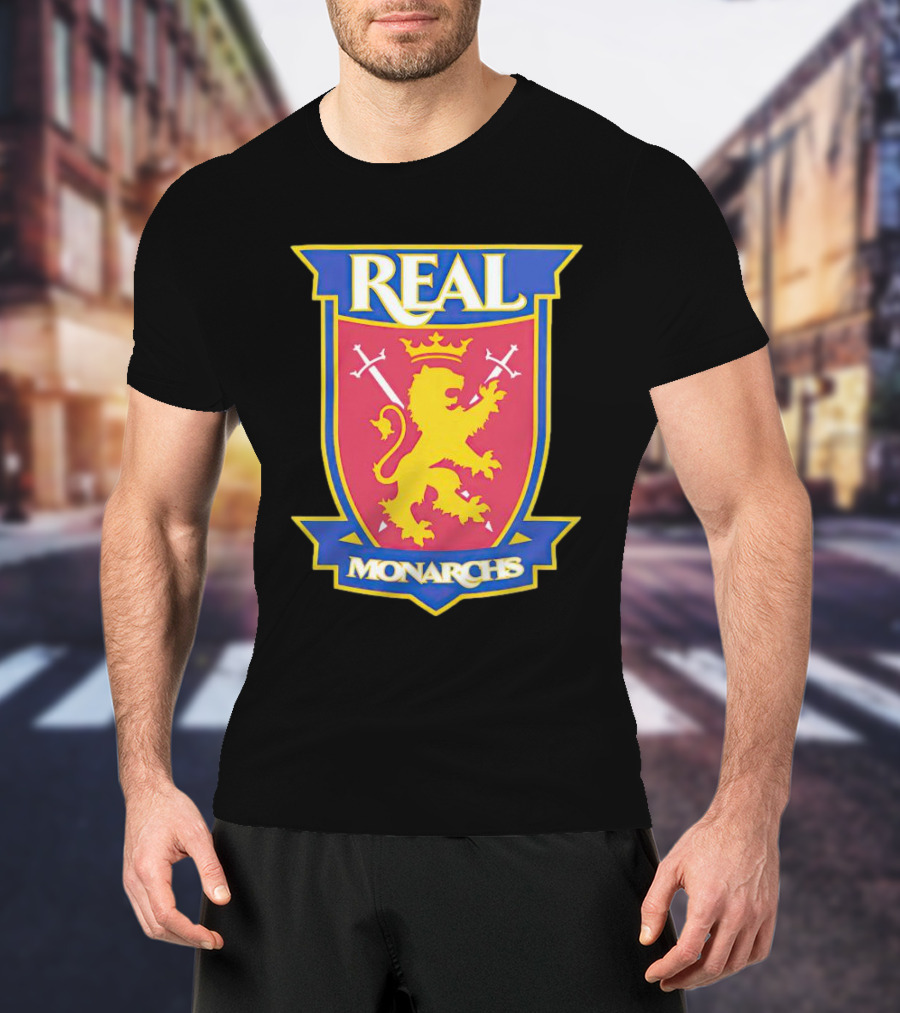 Real Salt Lake Real Monarchs Bold Emblem Crest With Lion And Crossed Swords T-Shirt