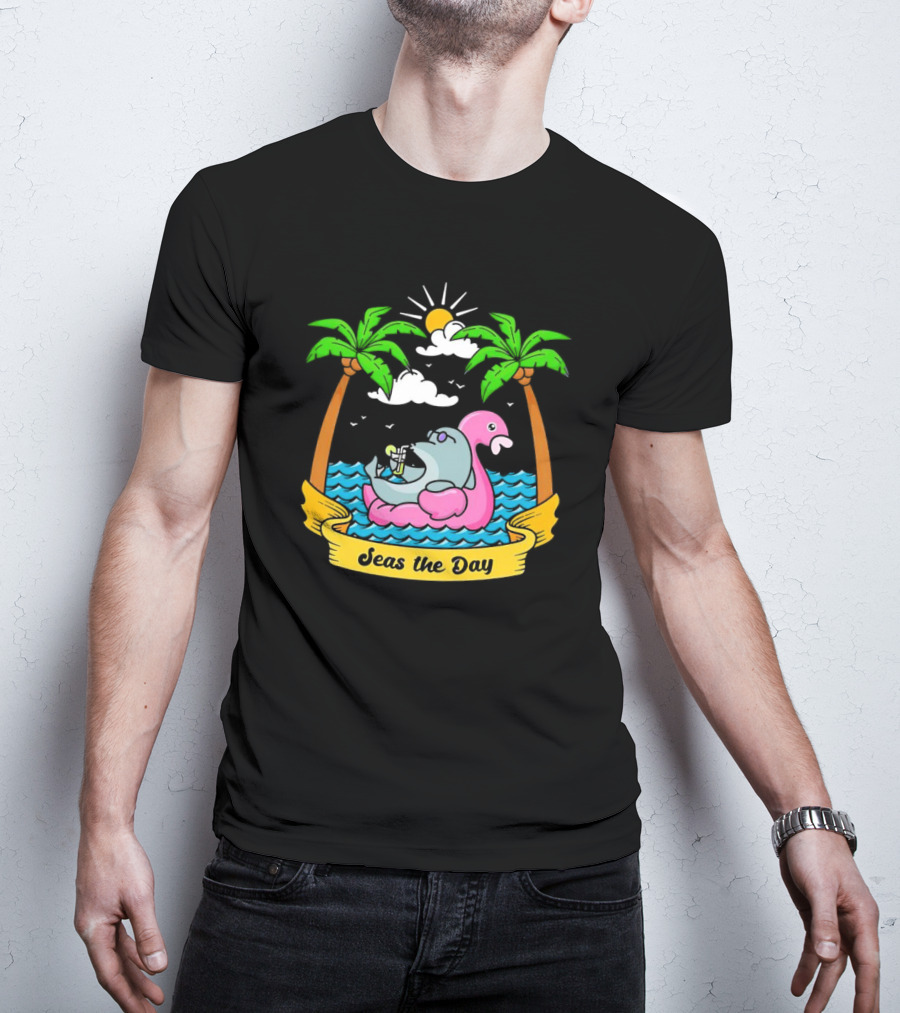 Seas The Day Relaxed Fit Palm Trees Flamingo Float Sunshine Clouds Ocean Waves T-Shirt