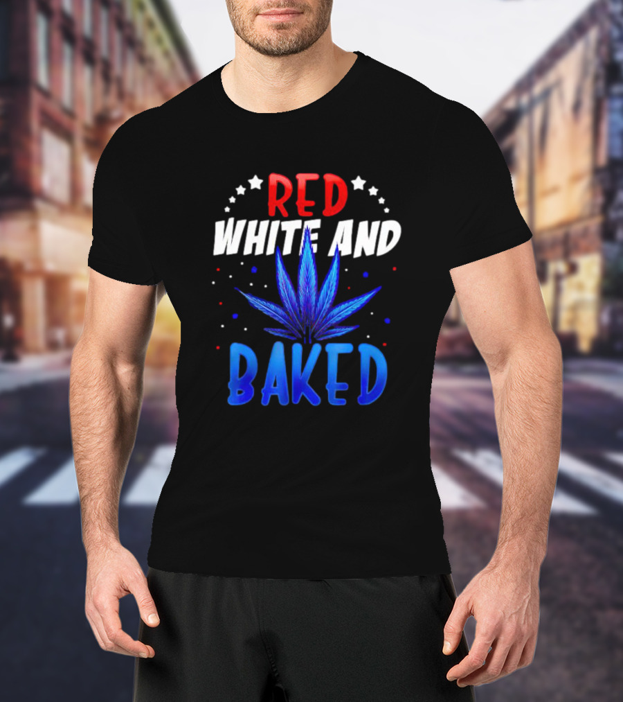 Red White And Baked Weed Leaf With Stars And Dots T-Shirt