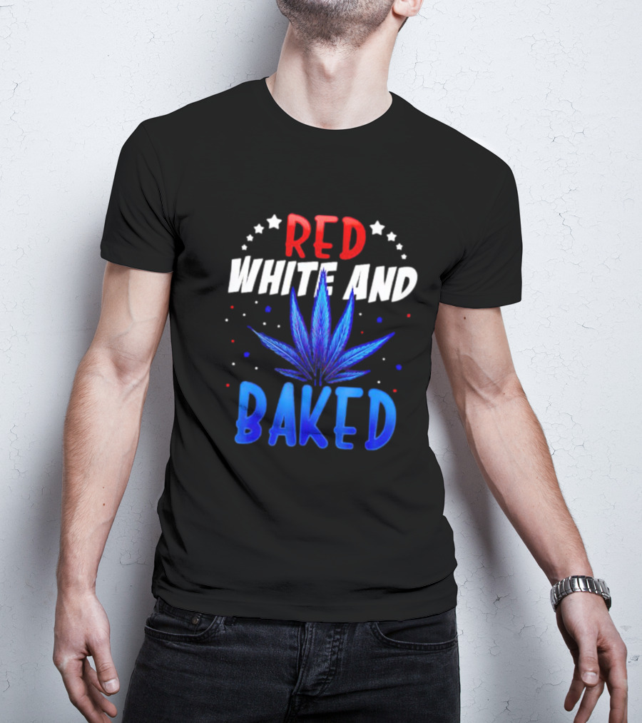 Red White And Baked Weed Leaf With Stars And Dots T-Shirt