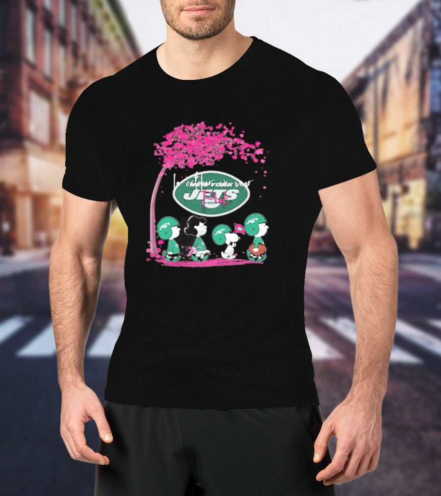 New York Jets Peanuts Characters October We Wear Pink T-Shirt