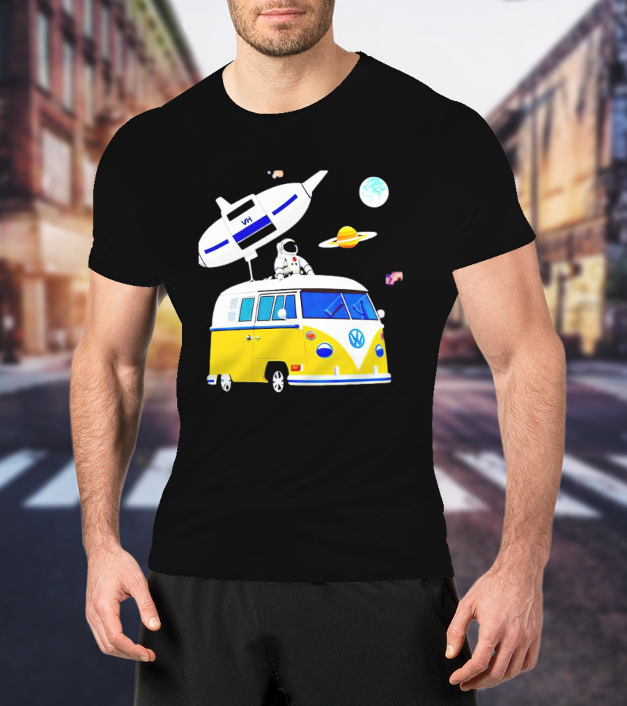 Astronaut Riding Yellow Volkswagen Bus With Rocket And Saturn Planet Background T-Shirt