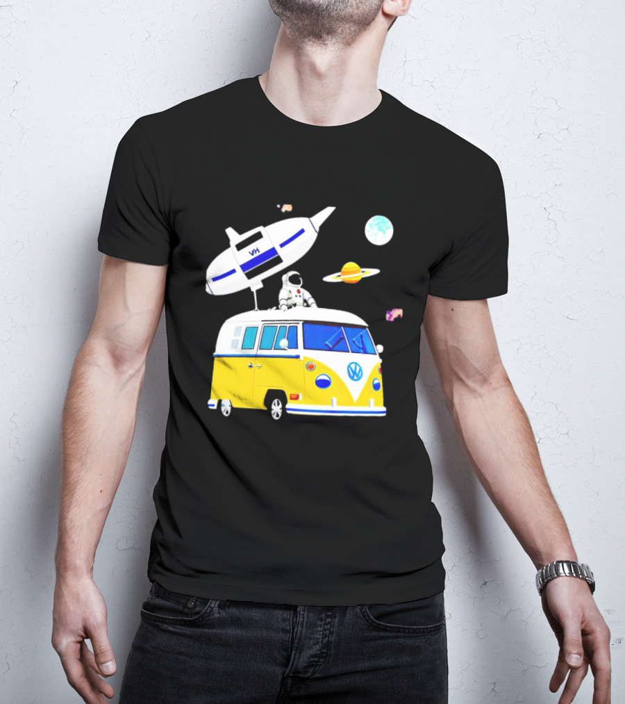 Astronaut Riding Yellow Volkswagen Bus With Rocket And Saturn Planet Background T-Shirt