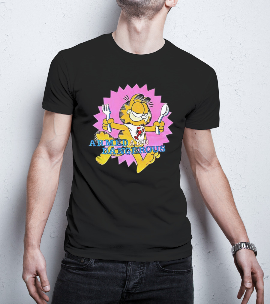 Armed And Dangerous Garfield With Fork And Spoon On Pink Starbursts T-Shirt