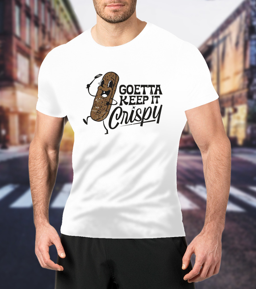 Goetta Keep It Crispy Smiling Fried Stick Character With Fork Enthusiastically Walking T-Shirt