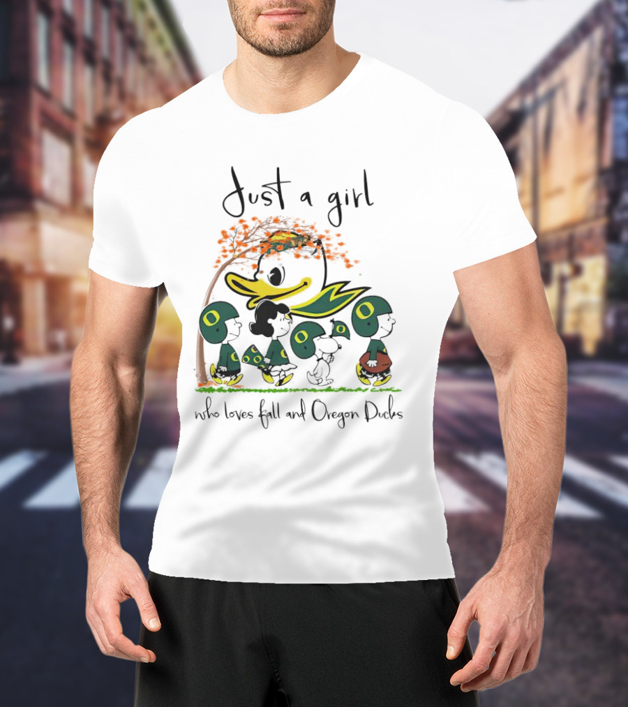 Just A Girl Who Loves Fall And Oregon Ducks Peanuts Characters T-Shirt