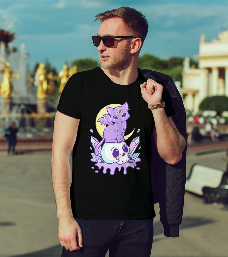 Witchy Cat With Moon And Skull Crystals T-Shirt