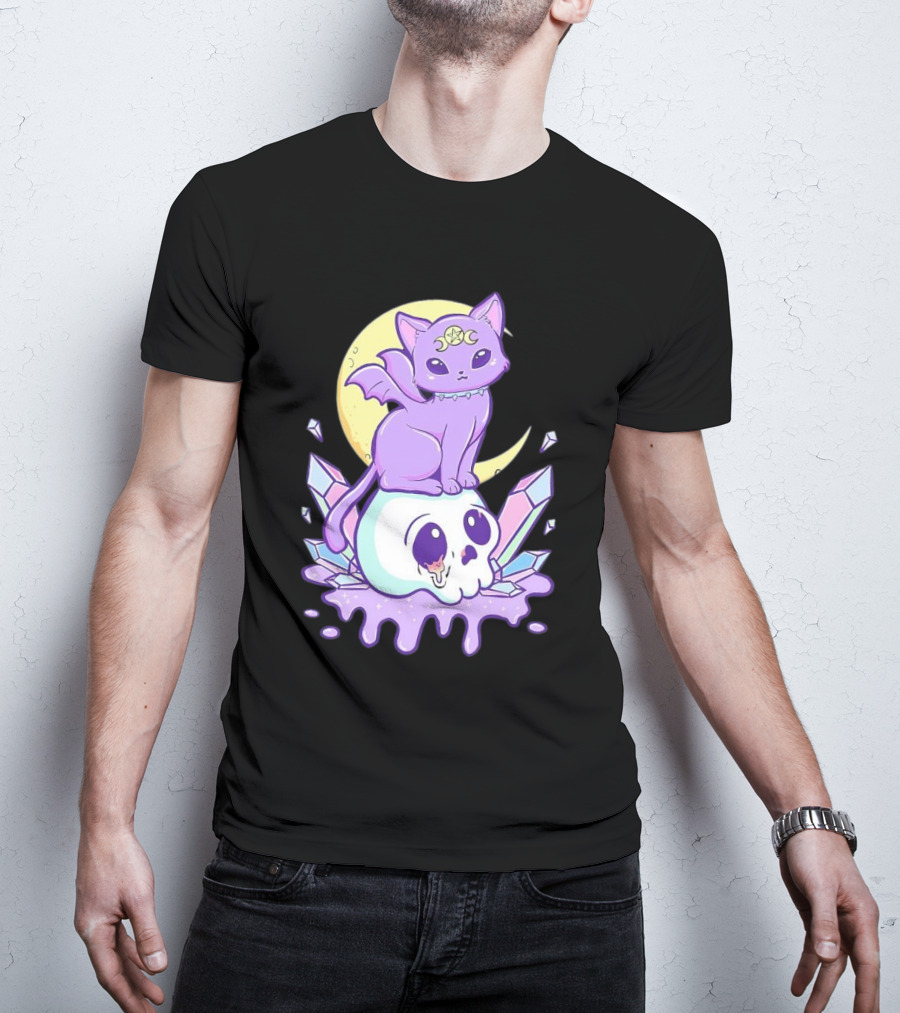 Witchy Cat With Moon And Skull Crystals T-Shirt