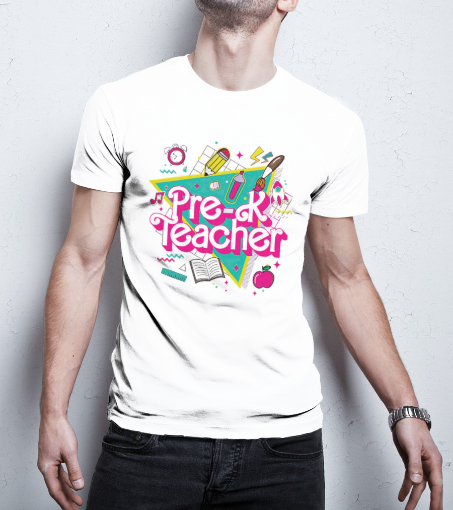 Pre-K Teacher Neon Art Supplies And Icons T-Shirt