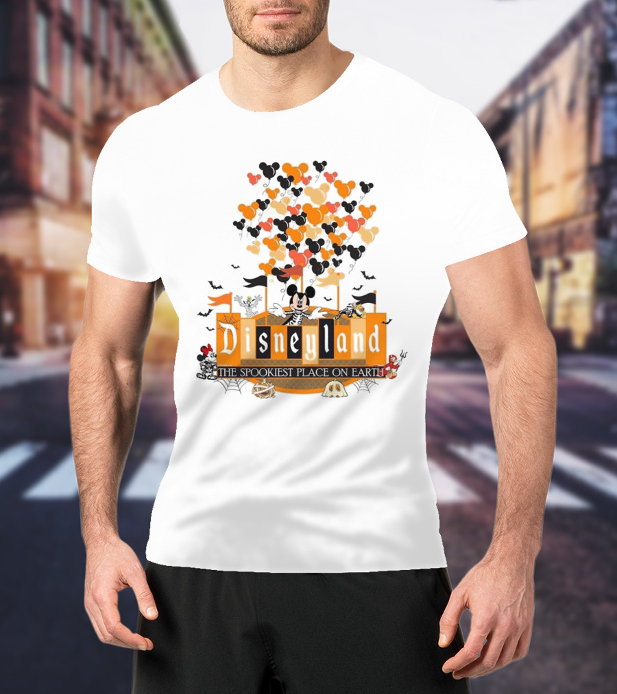 Disneyland Halloween Mickey Mouse The Spookiest Place On Earth Orange Bats And Pumpkins T-Shirt
