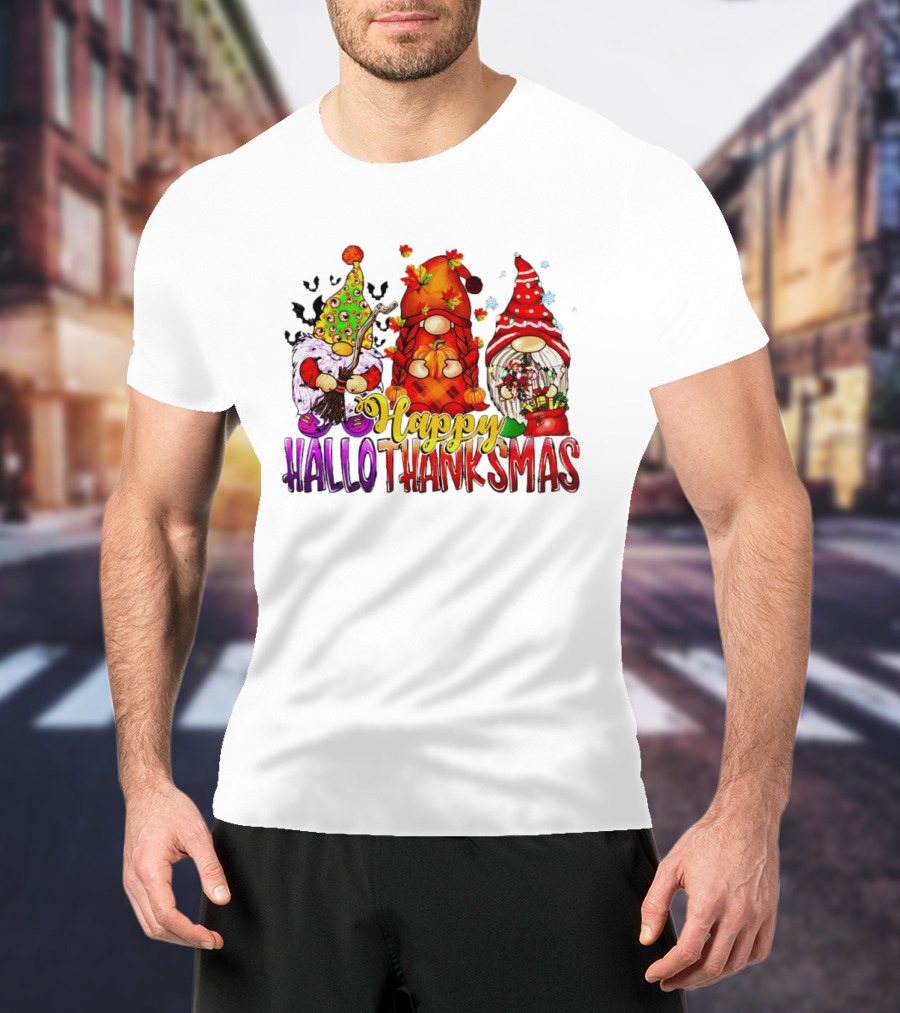 Happy Hallothanksmas Gnomes Halloween Thanksgiving Christmas T-Shirt