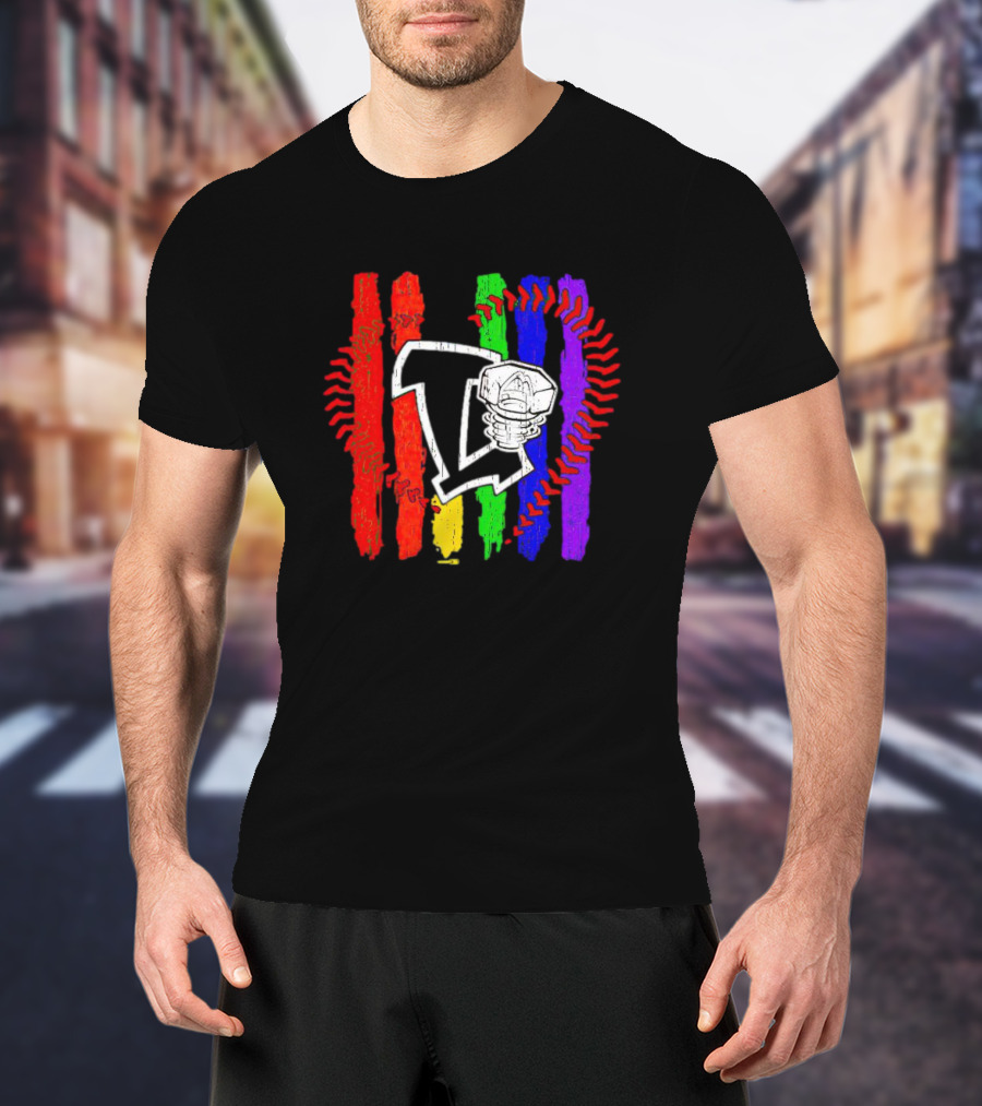 Lansing Lugnuts Pride Logo With Rainbow Stripes And Baseball Seam T-Shirt