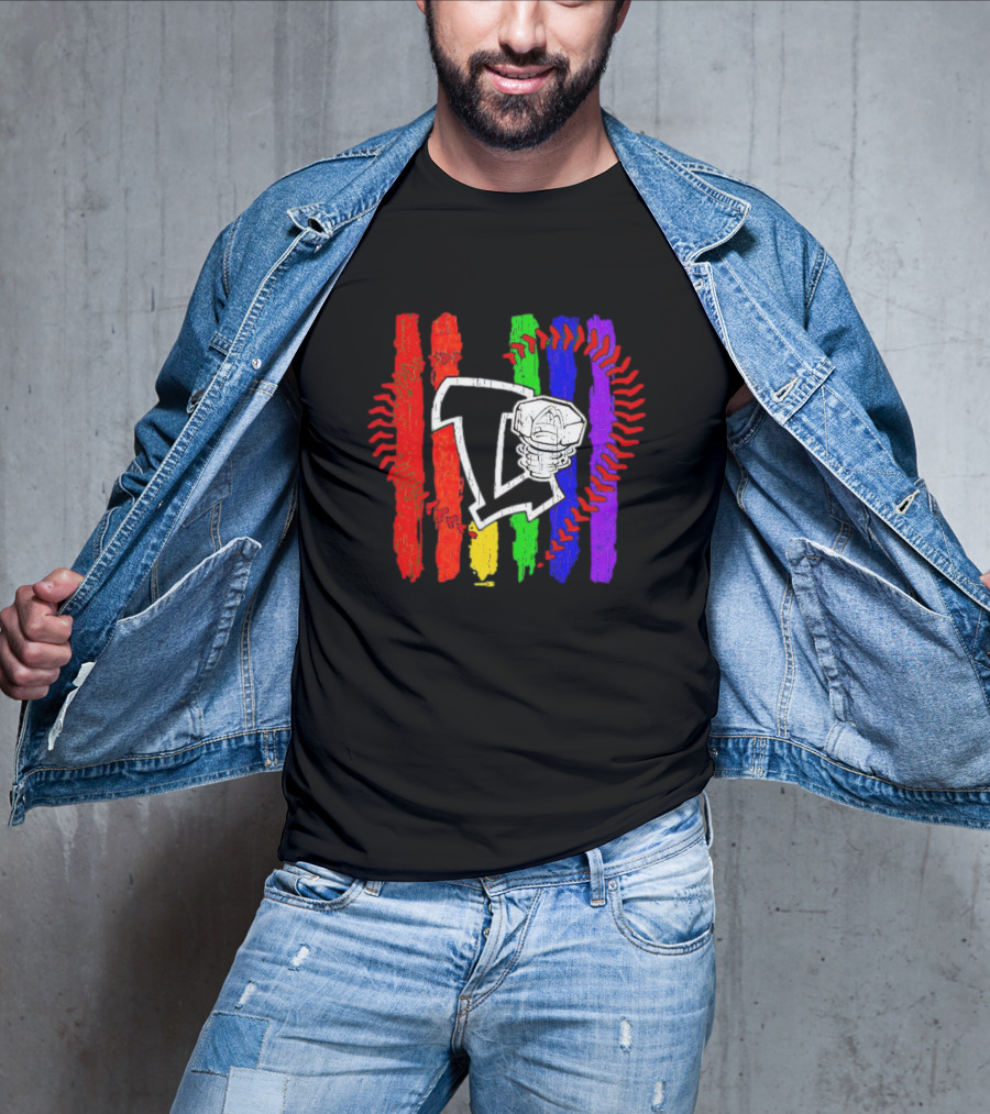 Lansing Lugnuts Pride Logo With Rainbow Stripes And Baseball Seam T-Shirt