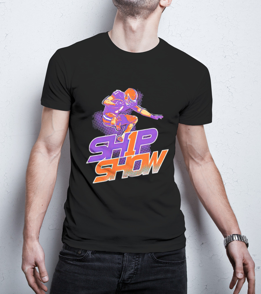 Clemson Tigers Ship Show Football Player In Orange And Purple T-Shirt
