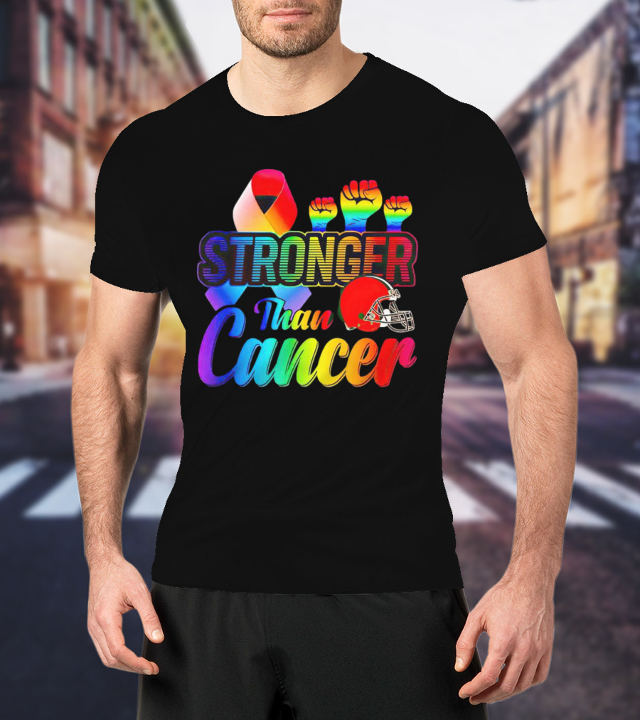 Cleveland Browns Stronger Than Cancer Rainbow Ribbon And Helmet T-Shirt
