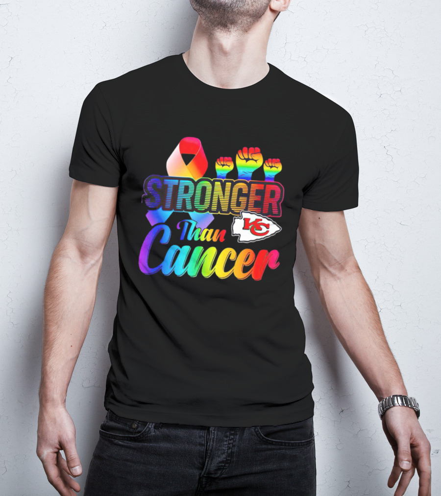 Kansas City Chiefs Stronger Than Cancer Rainbow Ribbon Fists T-Shirt