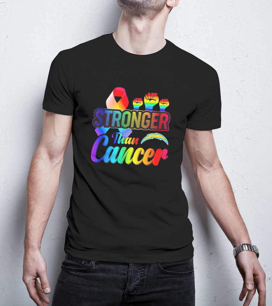Los Angeles Chargers Stronger Than Cancer Rainbow Ribbon And Fists T-Shirt