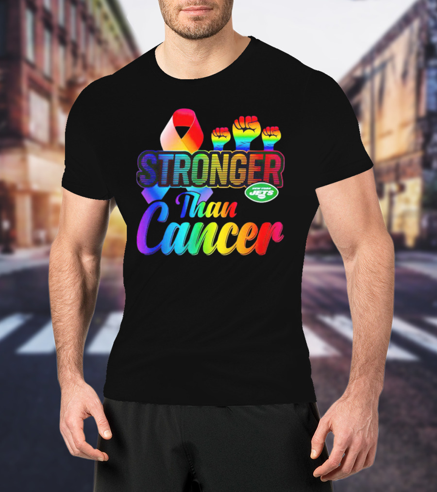 New York Jets Stronger Than Cancer Rainbow Ribbon And Fists T-Shirt