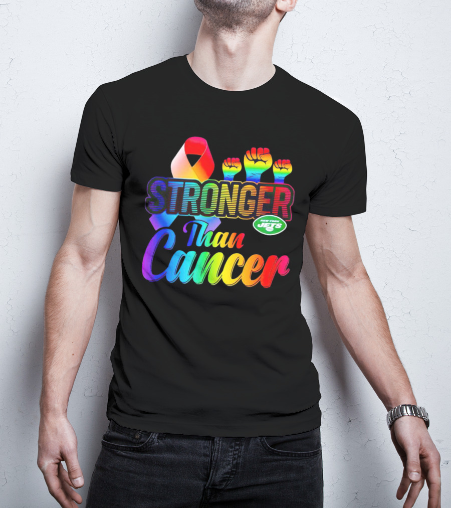 New York Jets Stronger Than Cancer Rainbow Ribbon And Fists T-Shirt