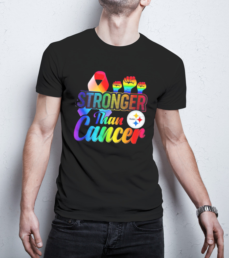 Pittsburgh Steelers Stronger Than Cancer Rainbow Ribbon And Fists T-Shirt