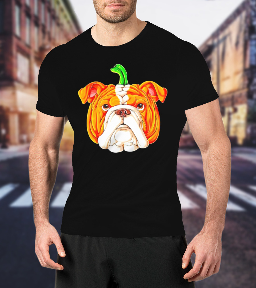 Bulldog Pumpkin Halloween Face With Green Stem T-Shirt