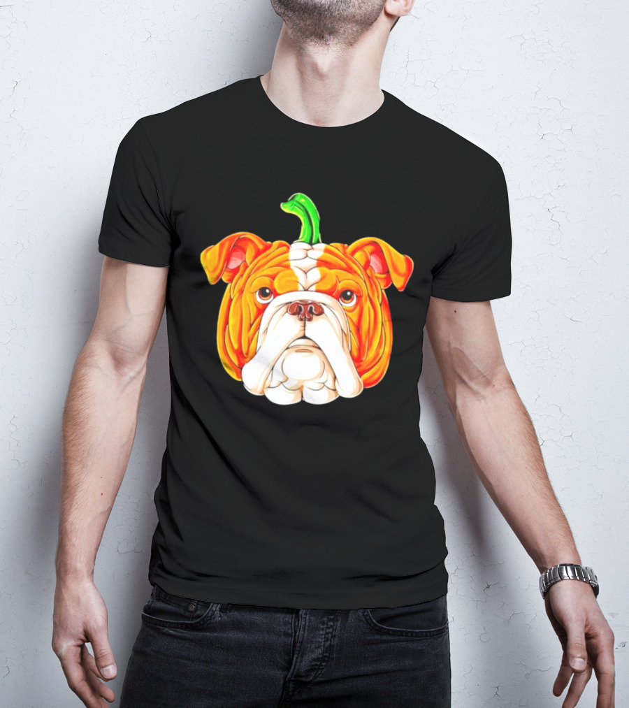 Bulldog Pumpkin Halloween Face With Green Stem T-Shirt