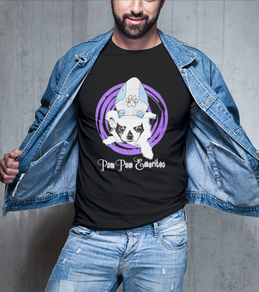 Paw Paw Emeritus Dog With White Mitre Hat And Purple Circle T-Shirt