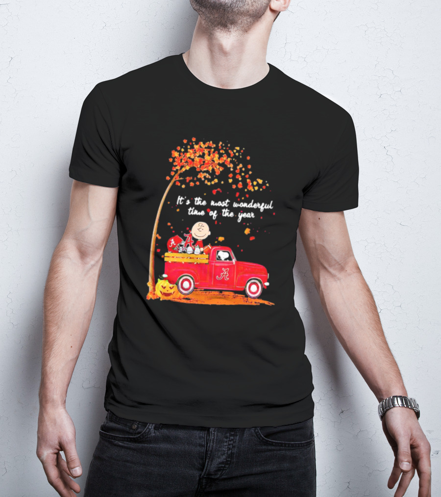 Peanuts Characters Alabama Crimson Tide Fall It's The Most Wonderful Time Of The Year Truck Football Pumpkins Leaves T-Shirt