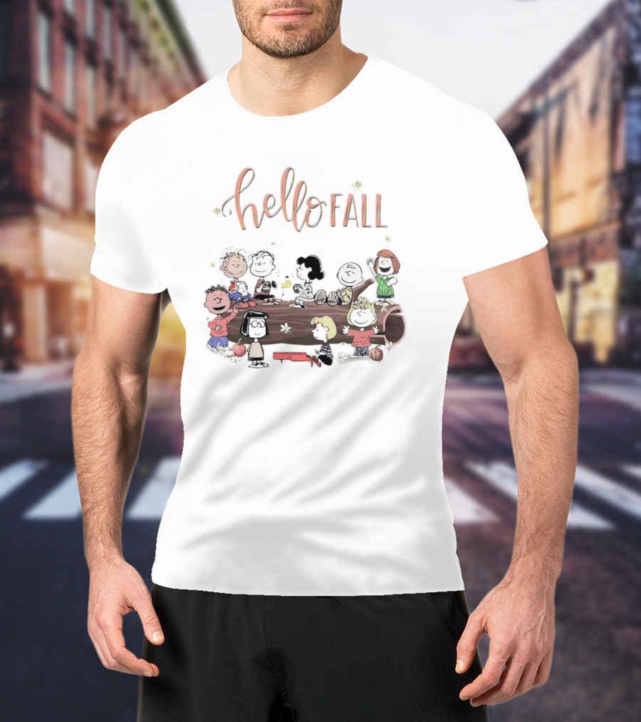 Peanuts Characters Celebrating Hello Fall With Autumn Fun T-Shirt