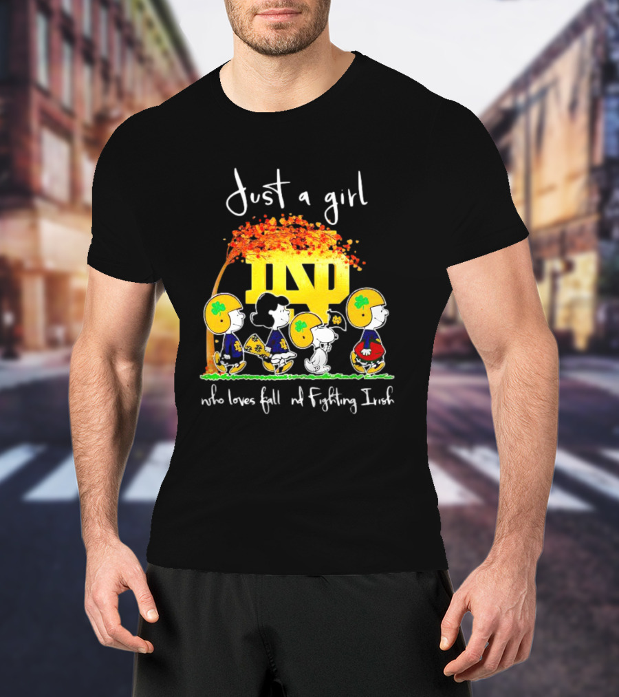 Just A Girl Who Loves Fall ND Fighting Irish Peanuts Characters T-Shirt