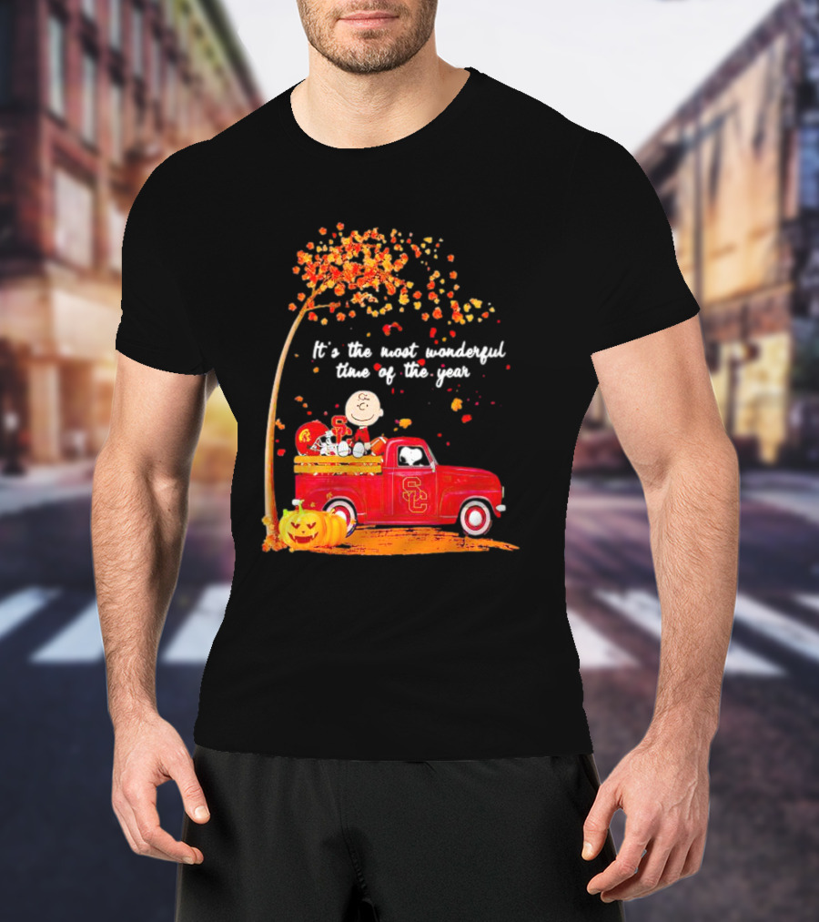 Peanuts Characters USC Trojans Fall It's The Most Wonderful Time Of The Year Football Truck Pumpkin Charlie Brown T-Shirt