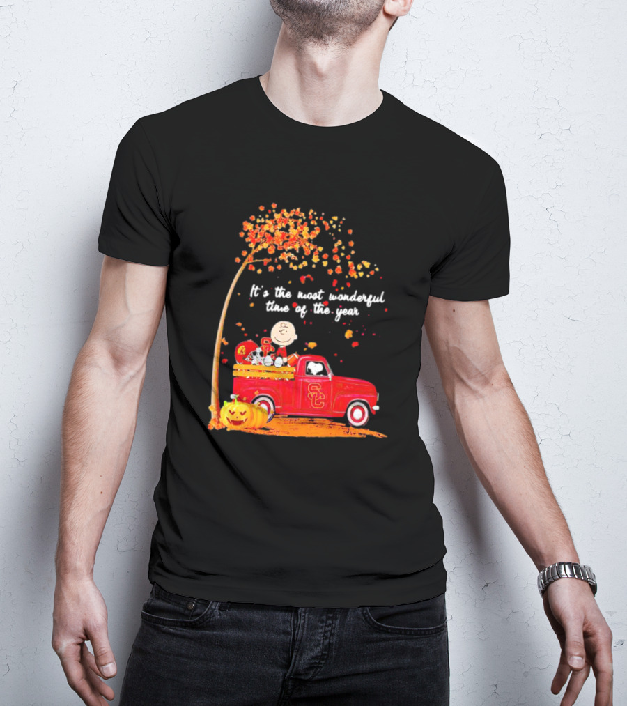 Peanuts Characters USC Trojans Fall It's The Most Wonderful Time Of The Year Football Truck Pumpkin Charlie Brown T-Shirt