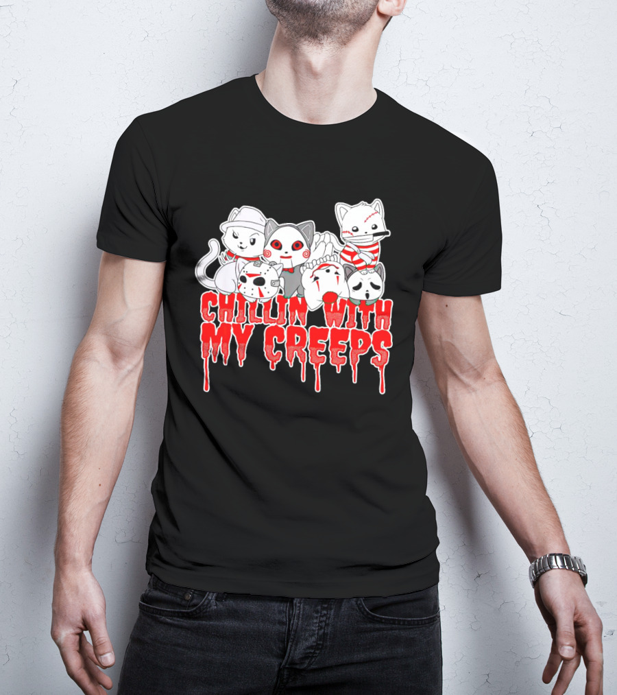Chillin With My Creeps Cat Horror Icons T-Shirt