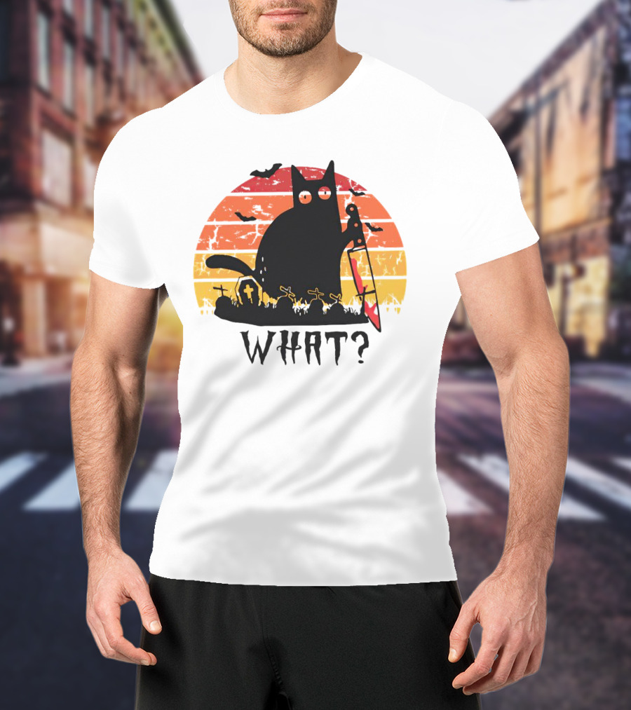 Cat With Sword And Graves Sunset Halloween T-Shirt
