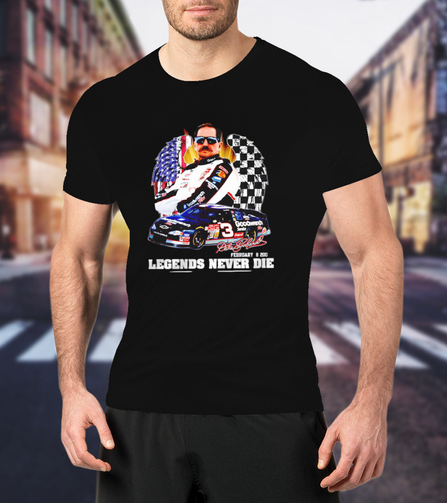 Dale Earnhardt Legends Never Die February 18 2001 Racing Icon American Flag Checkered Flag T-Shirt