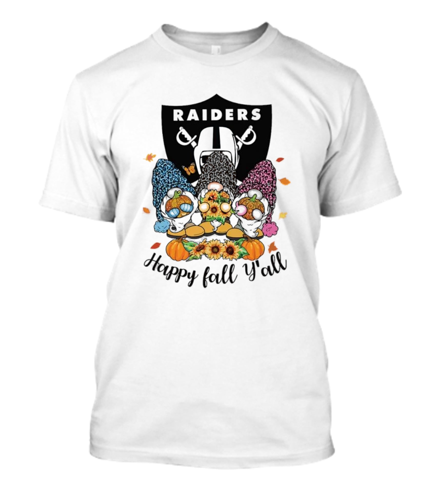 Raiders Gnomes With Sunflowers And Pumpkins Happy Fall Y'all T-Shirt