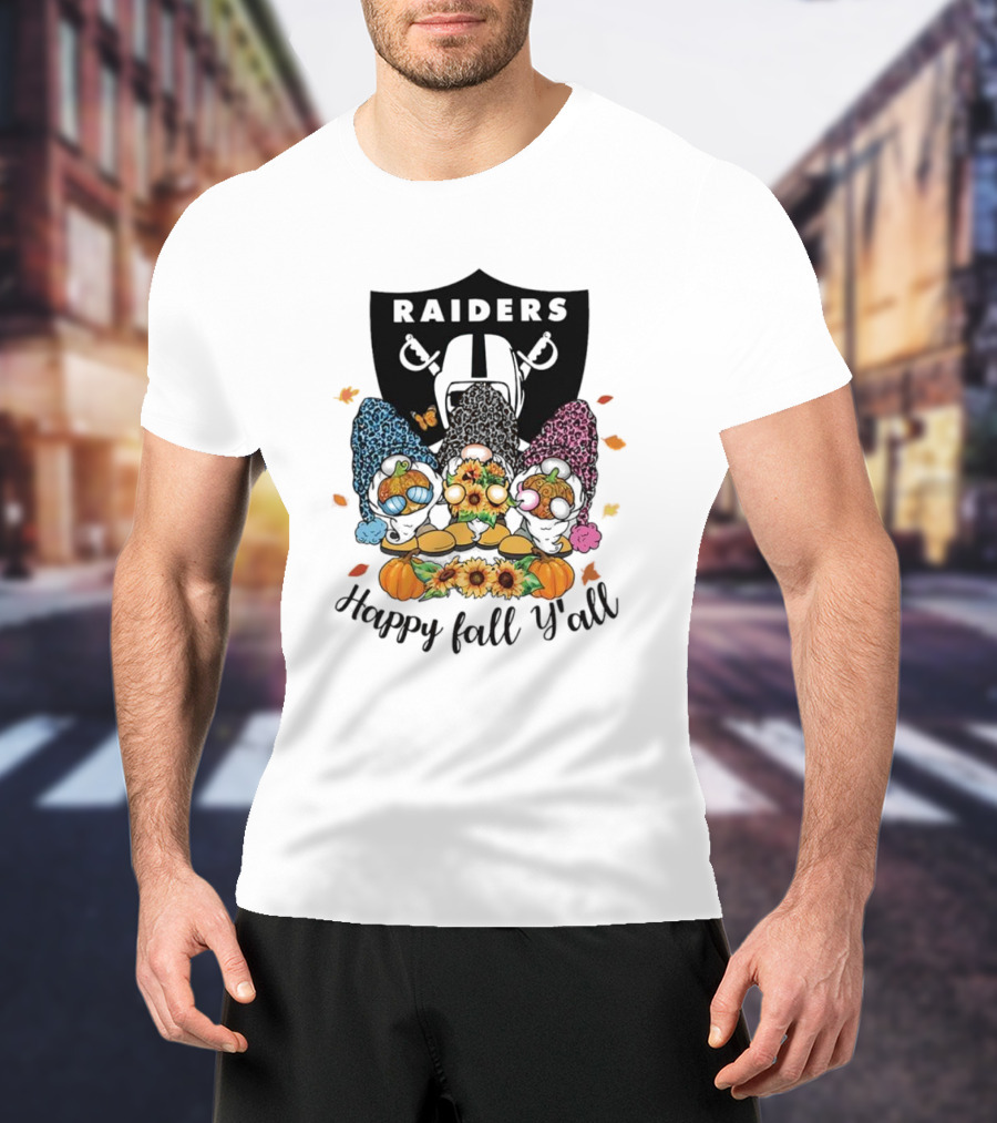 Raiders Gnomes With Sunflowers And Pumpkins Happy Fall Y'all T-Shirt