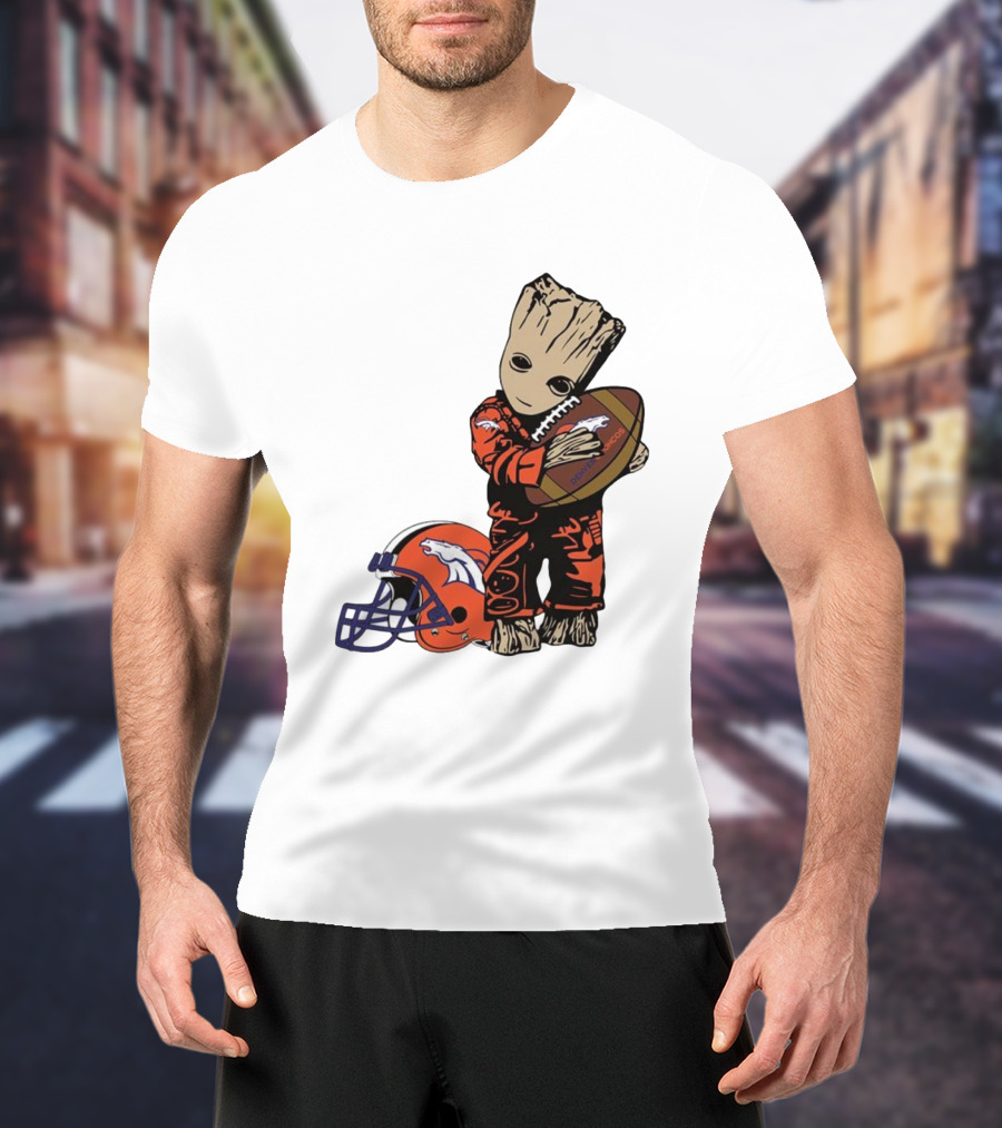 Groot Hugging Denver Broncos Football And Helmet T-Shirt