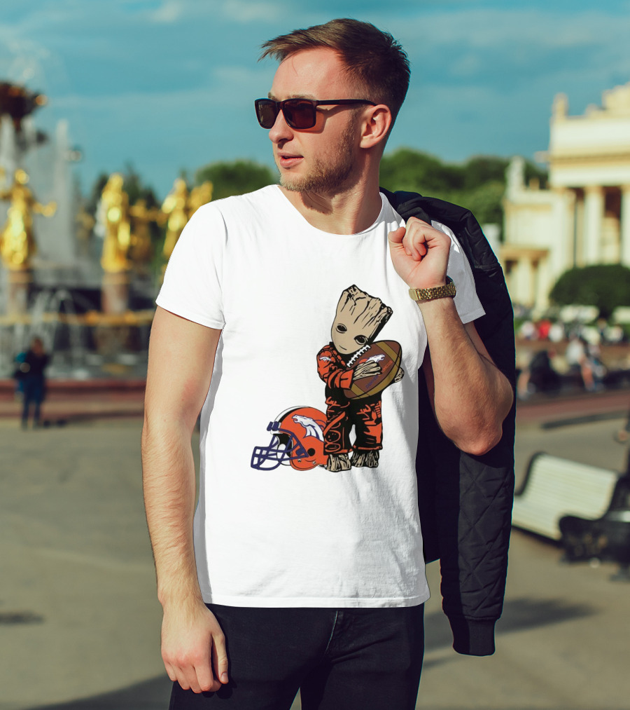 Groot Hugging Denver Broncos Football And Helmet T-Shirt