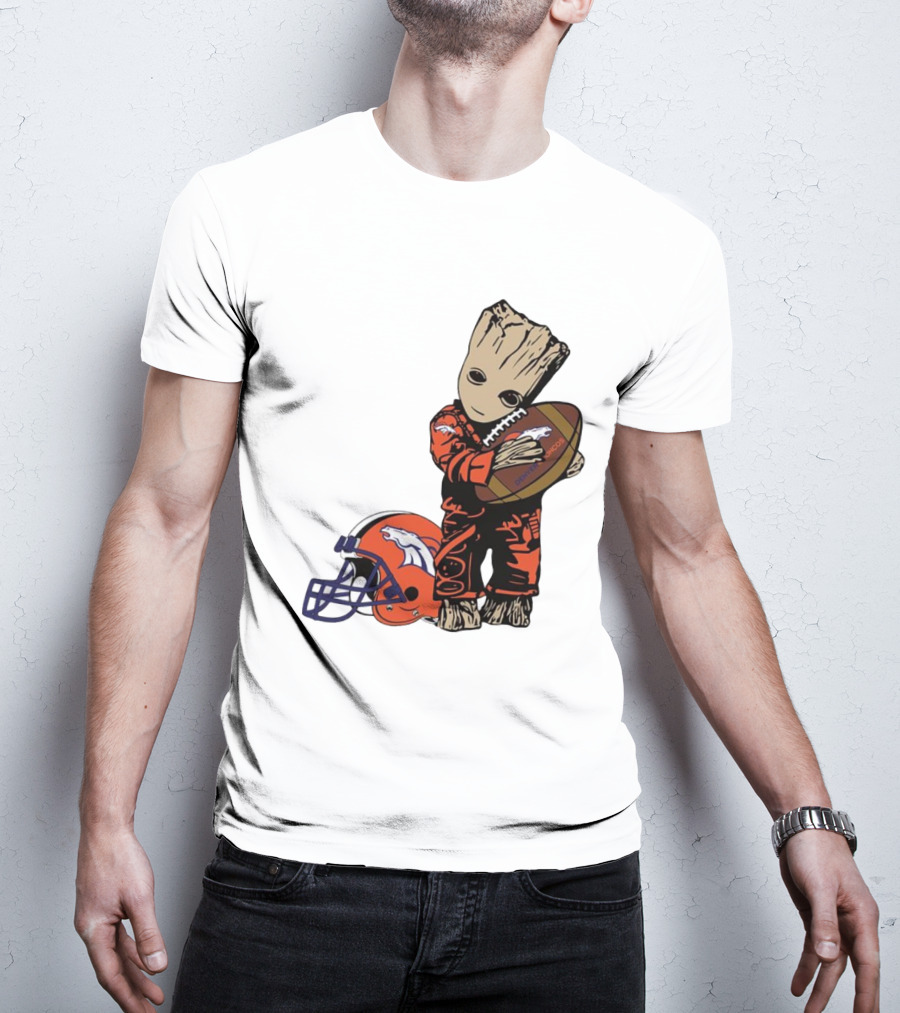 Groot Hugging Denver Broncos Football And Helmet T-Shirt