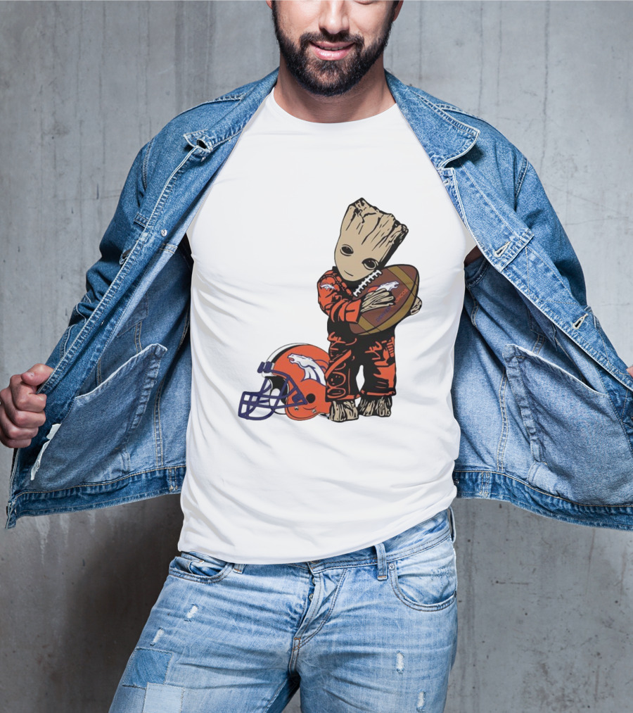Groot Hugging Denver Broncos Football And Helmet T-Shirt