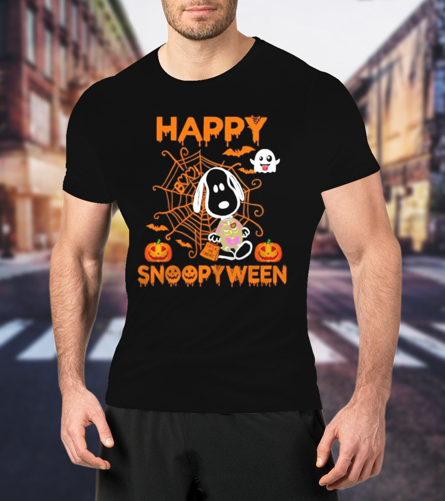 Happy Snoopyween Trick Or Treat Spooky Ghosts Pumpkins And Spider Webs T-Shirt