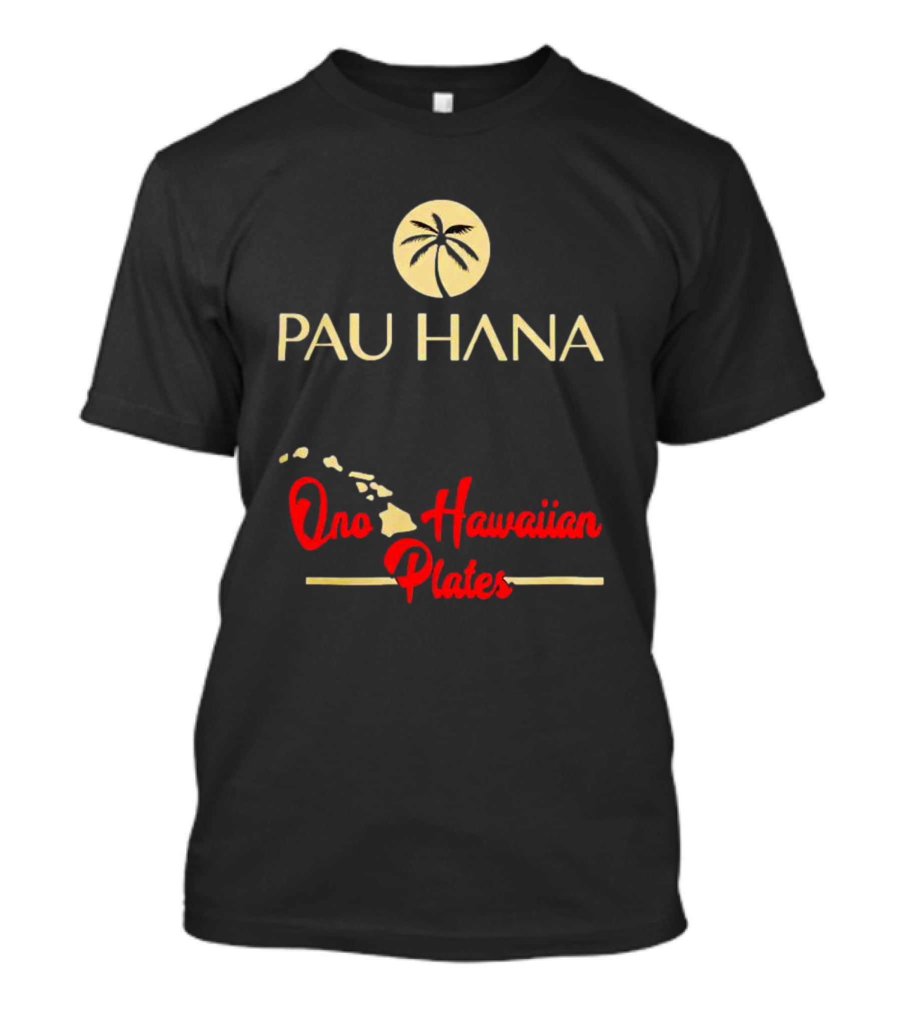 Pau Hana Palm Logo Ono Hawaiian Plates Map T-Shirt
