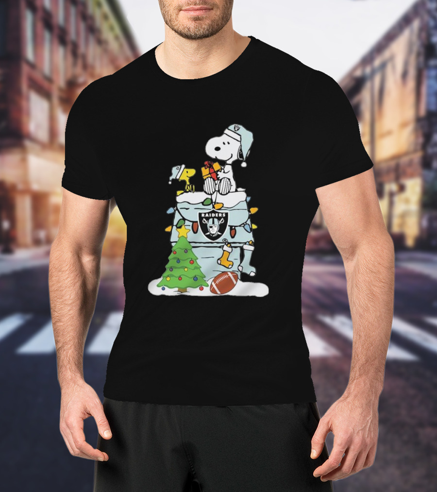 Raiders Snoopy Christmas With Doghouse Lights And Football T-Shirt