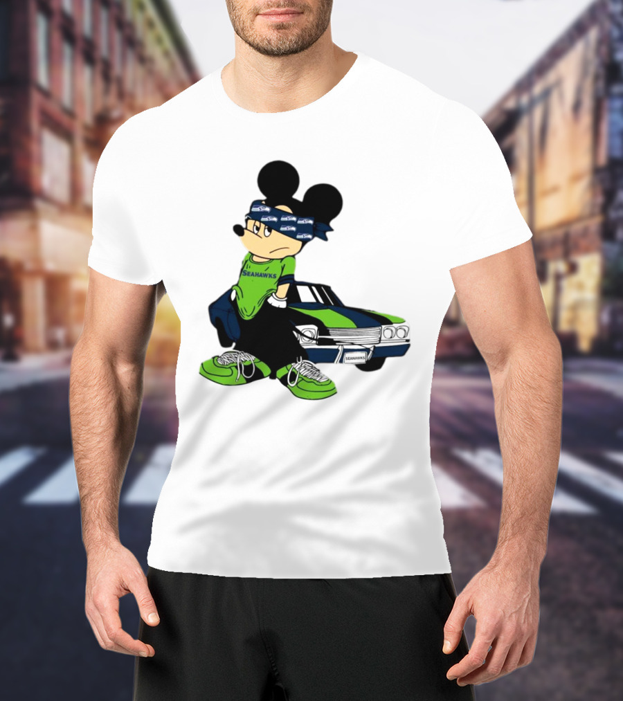 Seattle Seahawks Mickey Mouse Gangster Car Football Fan T-Shirt
